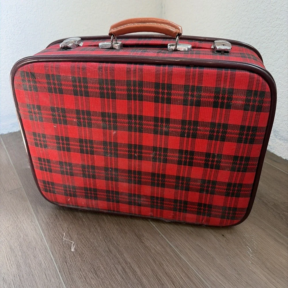 Vintage Tartan Plaid Child's Suitcase White Dove Brsnf Heirloom Distressed